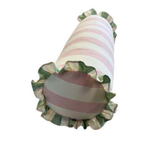 New Launch Beautiful large Bolster Cushion in Ian Mankin Devon Stripe Pink and Sage includes feather inserts Handmade in the UK