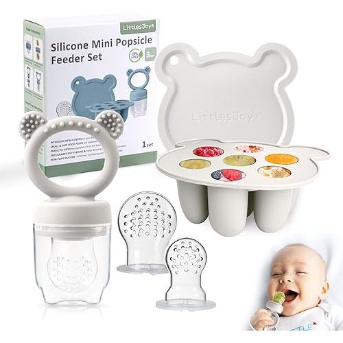 LittlesJoy BPA FREE baby silicone fruit feeder & food feeder pacifier, infant baby breast milk popsicle mold ice cube tray , toddler baby teething relief teether, baby food freezer tray , 2pcs addtional pouches (light grey0