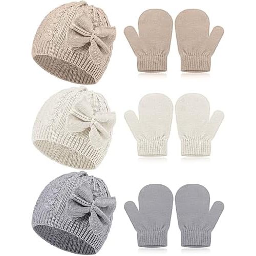 SATINIOR 3 Set Toddler Hat Glove Set, Kids Winter Hats Warm Knitted Beanie Mittens Gloves with Bow for Baby Girls Boys 0-6Y