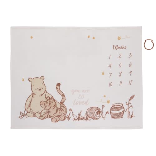 NoJo Disney Classic Winnie The Pooh Milestone Baby Blanket, Ivory and Taupe, 40 x 50 Inch, Monthly Photo Prop with Character Design (Officially Licensed Product)