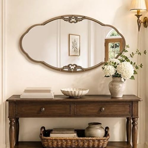 Besdomus Vintage Scalloped Mirror for Wall: 40"x22" Antique Gold Decorative Mirror - Classic Baroque Wall Mounted for Entryway/Living Room/Bathroom