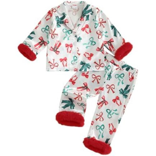FULA-bao Baby Girls Boys Silk Christmas Pajamas Set Santa Claus Bows Satin Pj Sets Long Sleeve Button Up Shirts and Pants