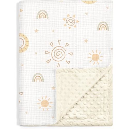 Sun Baby Blankets for Boys Girls, Soft Nursery Minky Blankets with Muslin and Dotted Fleece Back 30x40 inches, Receiving Bed Quilt for Newborn, Infants, Toddlers