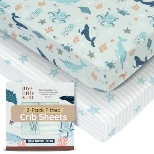 Ocean Crib Sheets for Boys & Girls Toddler Bed Sheets Cotton Fitted Crib Sheet Nautical Sets 28"x52", 8" Deep Pocket, Baby Mattress Sheet 2Pack 100% Cotton, Designed in France, Ocean Stars, Teal White