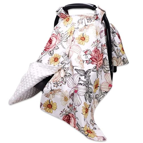 Floral Baby Car Seat Canopy Soft Plush Dotted Backing Baby Car Seat Cover Girls, Infant Carseat Canopy, Stretchy Multi- use Nursing Cover for Stroller/High Chair/Shopping Cart/Car Seat Canopies