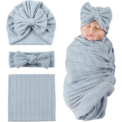 OMUKY Newborn Receiving Blanket Bow Headband and Beanie Set Baby Swaddle Receiving Blankets Baby Boy Girls Nursery Swaddle Wrap(Blue)
