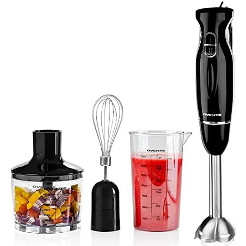 OVENTE Immersion Hand Blender Set, 300W Corded Electric Handheld Stick Mixer, 2 Mixing Speeds with Stainless Steel Blades, Egg Whisk, Beaker & BPA-Free Food Chopper, Black HS565B