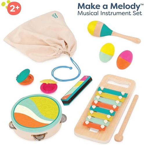 B. toys – Make a Melody – 9 Pieces Wooden Musical Instruments – Xylophone, Tambourine, Harmonica – Drawstring Storage Bag – 2+ Years