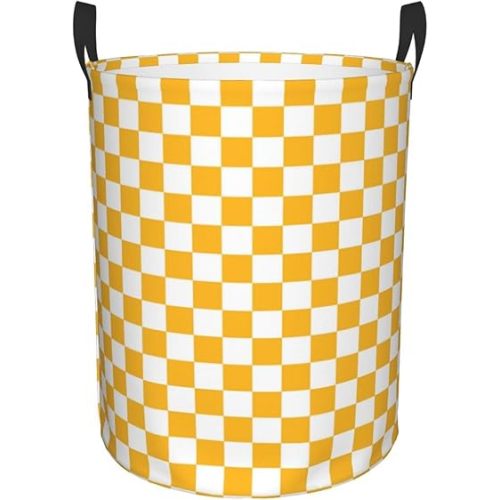 Yellow White Checkered Checked Laundry Hamper with Durable Handle Waterproof Foldable Laundry Basket Circular Storage Bin Dirty Clothes Bag for Bathroom Bedroom College Dorm