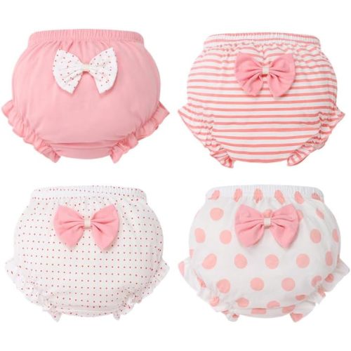 VUXZAQ 4pcs Baby Girl Cute Bloomer Shorts Newborn Girls Cotton Bottoms with Bow Baby Bloomers Outfit Pink Diaper Cover
