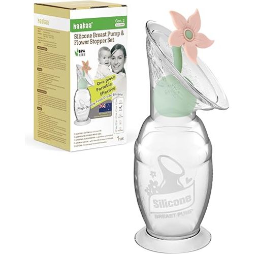 haakaa Manual Breast Pump with Flower Stopper Set, Gen.2 Silicone Hand Pump with Suction Base, BPA Free (4oz/100ml, Blush)