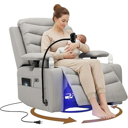 Olela Power Glider Recliner Nursery Chair, PU Leather Swivel Rocking Chair with Electric Lumbar Support, USB Charging, Smart Cup Holder, Light, Adjustable Armrest, Wireless Phone Charger Holder