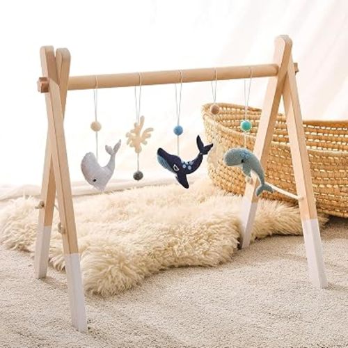 Wooden Baby Gym with 5 Toys Foldable Play Gym for 0-12 Months Newborn Gift