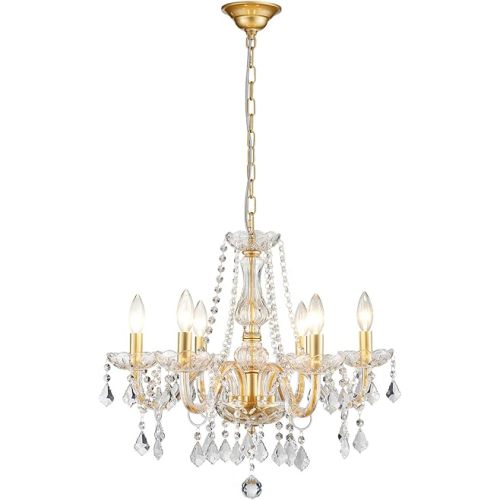Crystal Chandelier Light Fixture, Modern K9 Crystal Chandeliers for Dining Room, 6-Lights Gold Ceiling Light, Adjustable Hanging Pendant Light Fixture for Living Room Entryway Kitchen Island Hallway