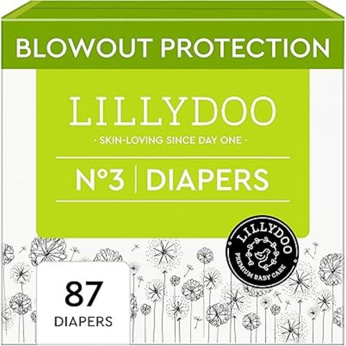 LILLYDOO Baby Diapers - Size 3 (13-22 lbs), Half-Monthly Supply (87 Count), Leak Protection, Skin-Friendly, Ultrasoft, Perfume- & Chlorine-Free, Hypoallergenic, Dermatologist Tested, Oeko-TEX®