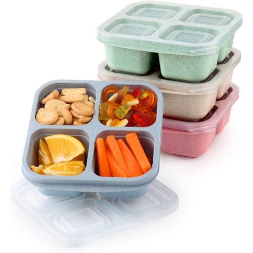 4 Pack Snack Containers, Divided Bento Snack Box, 4 Compartments Reusable Meal Prep Lunch Containers for Kids Adults, Food Storage Containers for School Work Travel
