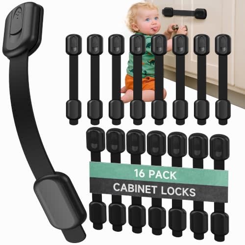 Infinno 16 Pack Cabinet Locks Baby Proofing Heavy Duty - Child Safety Cabinet Locks for Drawers, Cupboards & Fridge – No Drill 3M Adhesive Locks for Pets - Toddler Safety Latches-Black