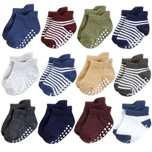 Hudson Baby Infant Boys Non-Skid No-Show Socks, Blue Burgundy, 12-24 Months