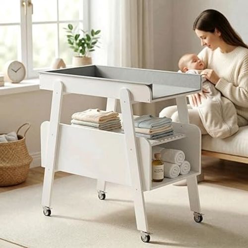 Diaper Changing Station Baby Flat Top Changing Table with Wheels and Changing Pad Nursery Organizer & Storage Rack Mobile Nursery Diaper Changing Table for Baby, Newborn (White)
