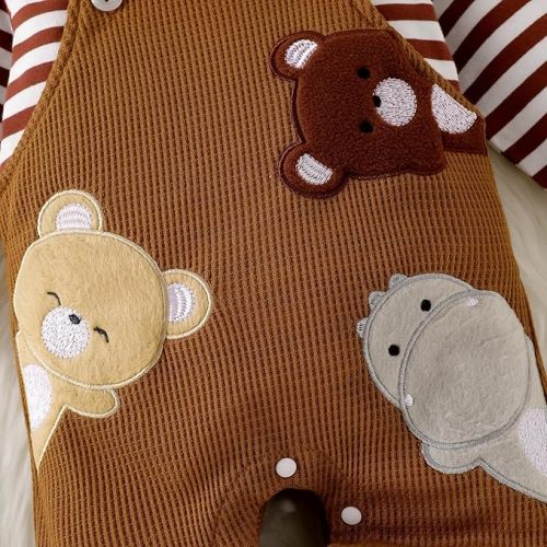 Baby Boy Clothes Newborn Striped Romper Fall Outfits + Infant Cartoon Suspender Overall + Cute Hat 3 Pcs 0-18 Months