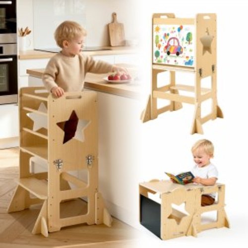 VEVOR Toddler Tower, Wooden, 4 in 1 Kitchen Step Stool for Kids 1-5, Montessori Weaning Table and Chair Set, Learning Standing Tower with Chalkboard, Easy to Clean, for Bathroom and Kitchen Counter