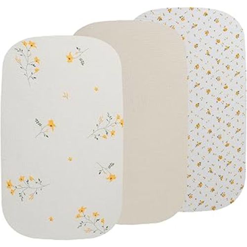 Onacosht Muslin Bassinet Sheets 3 Pack, 100% Cotton Baby Sheet 35" X 20" Compatiable with AMKE 3 in 1 Bassinets, MiClassic, Uiuwoo, Foalom, YADAQE, Milliard and TCBunny Bassinet, Leaf and Floral Beige
