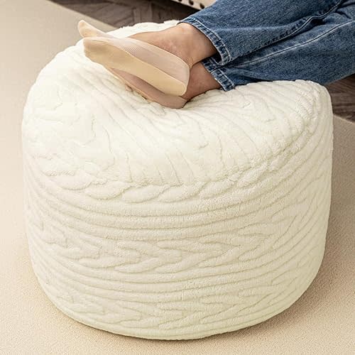 Round Pouf Ottoman 20 x 20 x 14 Inches Boho Poof Home Decor Floor Pouffe Ottoman Foot Rest for Couch Sofa Bean Bag Chairs Living Room Bedroom Cream White