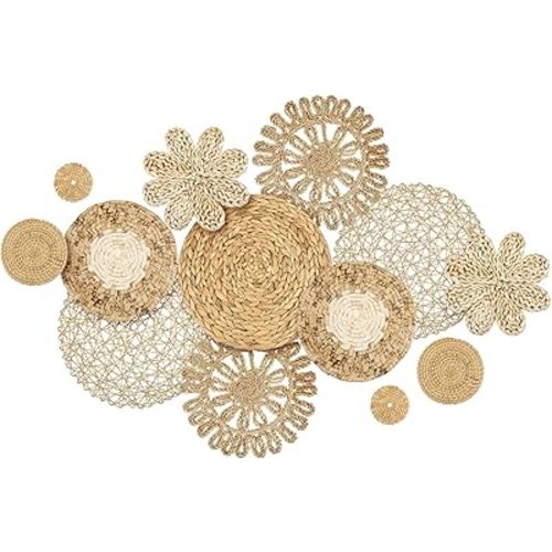 Glenmal Set of 13 Boho Wall Basket Decor Woven Rattan Flat Baskets Handmade Boho Wicker Bamboo Seagrass Wall Hanging Decor for Bedroom Living Room Dining Room Office Ready to Hang(Plain)