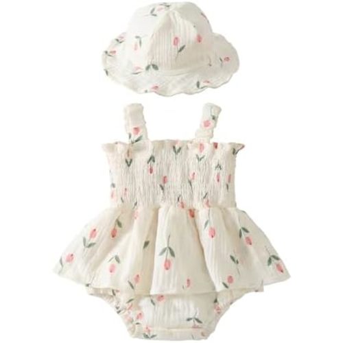 Infant Baby Girl Clothes Floral Smocked Romper Dress Cute Bodysuit Dress with Hat Summer Baby Girl Outfit