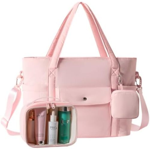 Hospital Bag for Women Labor Delivery with Insulated Pocket, Large Weekender Bag with Waterproof Toiletry Bag, Overnight Bag Travel Duffle Bags for Women with Shoulder Strap (Pink)