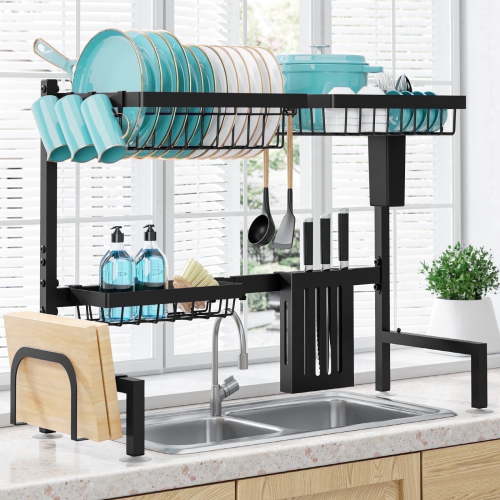 Sakugi Over The Sink Dish Drying Rack, 30" -33.9" L x 11" W x 21" H Expandable Dish Drainer, Stainless Steel Dish Rack, Black