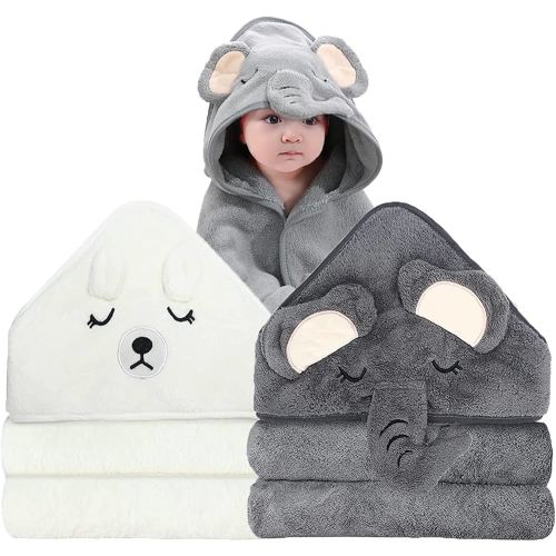 2 Pack Hooded Baby Towels - Premium Ultra Soft Organic Baby Bath Towel – Absorbent and Hypoallergenic Towels for Baby Boy Girl, Toddler, Newborn Essentials (Elephant & Bear)