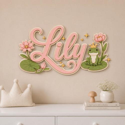 Personalized Frog Princess Name Sign, Girls Nursery Wall Decor, Pink Lotus Room Plaque, Cute Fairytale Decor, Custom Baby Girl Gift