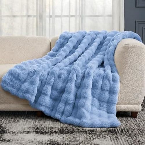 Cozy Bliss Faux Fur Bubble Throw Blanket for Couch, Fuzzy Soft Plush Thick Blanket for Sofa Bed Gift, 50x60 Inches Misty Blue