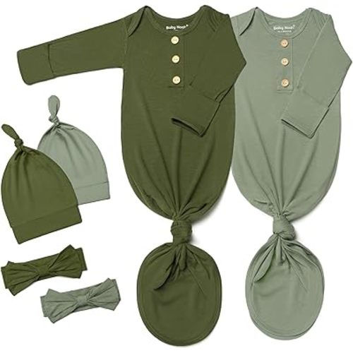 Baby Noah Newborn Knotted Gown Set with Hat and Headband, Soft Tie Bottom Newborn Sleepers for Baby Girl Boy (2 Packs)