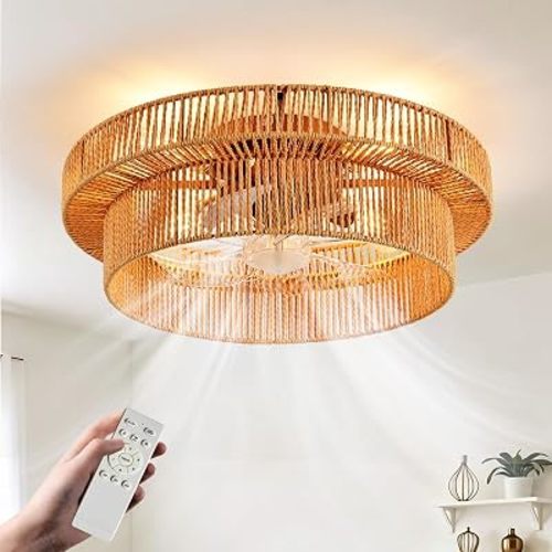 Depuley Boho Ceiling Fan with Light: 20 Inch Double Layer Textured Rope Flush Mount Fandelier with Remote and Timer - Caged Ceiling Fan with 6 Speeds - Indoor Quiet Fan for Bedroom and Living Room