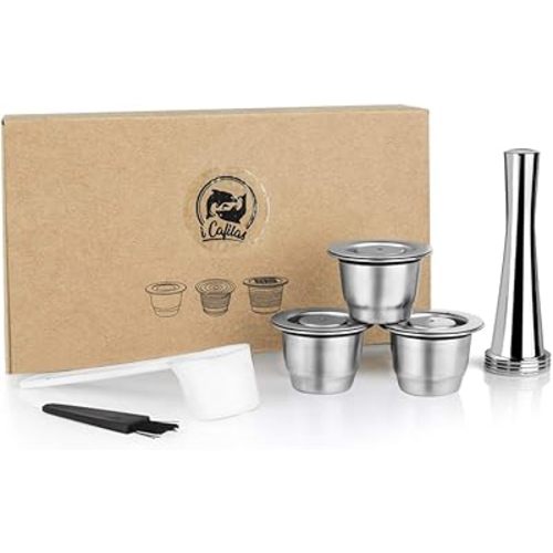 Stainless Steel Refillable Coffee Espr*sso Capsules, Reusable Coffee Pods Compatible with Nespr*sso Original Line Brewers 4Y Crema New Generation (3 Capsules + 1 Tamper)