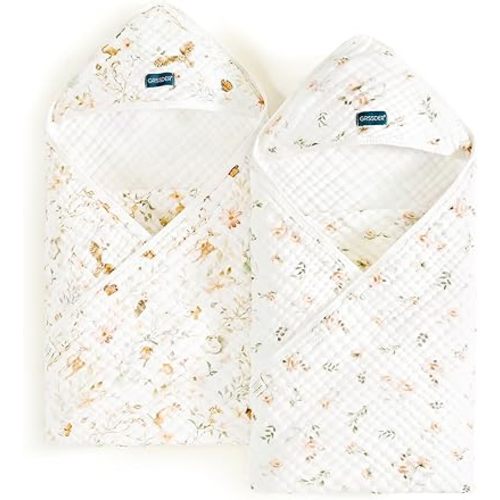 GRSSDER Ultra Soft Absorbent Muslin Cotton Baby Hooded Towel 2 Pack with Original Patterns, Extra Large Size 35"x 35" Swaddle Wrap for Newborn Infant and Toddler