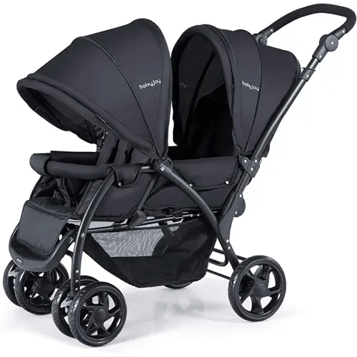 BABY JOY Double Stroller, Foldable Lightweight Twin Stroller with Tandem Seating, Adjustable Backrest/Canopy/Footrest, 5-Point Harness, Storage Basket, Newborn and Toddler (Black)
