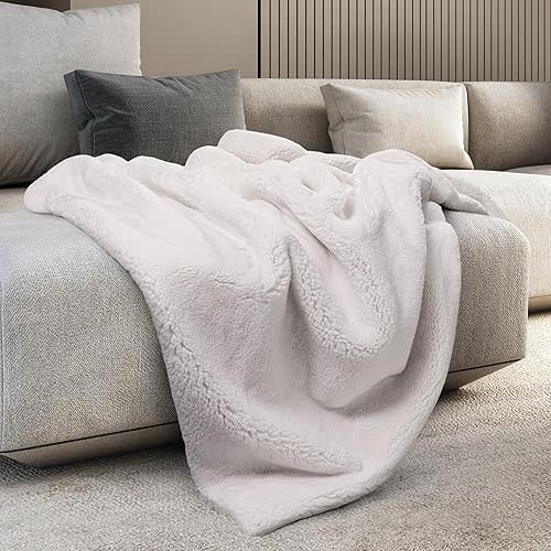 Mon Chateau 60" x 70" Hearthside Faux Fur Throw Blanket, Reversible Soft Blanket for Queen-Size Bed, Couch, or Sofa, Cozy Home Decor and Stylish Living Room Comfort, Winter Cream (Moonlit Cream)