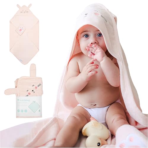 CuddleBug Hooded Baby Bath Towel & Washcloth Set (Bunny) - 100% Cotton Terrycloth Hooded Baby Towels for Newborn & Toddler, Super-Soft & Ultra-Absorbent, Newborn Essentials (30" x 30") - Blush Pink