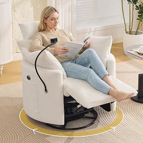 HUBSON Power Glider Rocking Chair Nursery,Swivel Recliner with USB, White