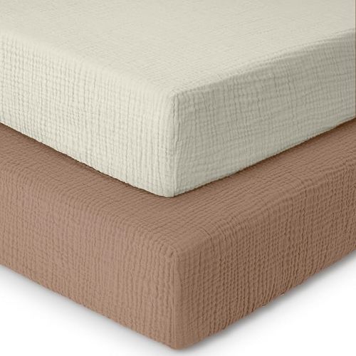 Dreamology Muslin Mini Crib Sheets, 100% Cotton Crib Sheets, 2 Pack, Soft, Crib Sheets Girls, Boys, Pack n Play Sheets, Crib Sheet, Pack and Play Sheets Fitted, 24x38 Mini Crib Sheets | Brown and Ecru