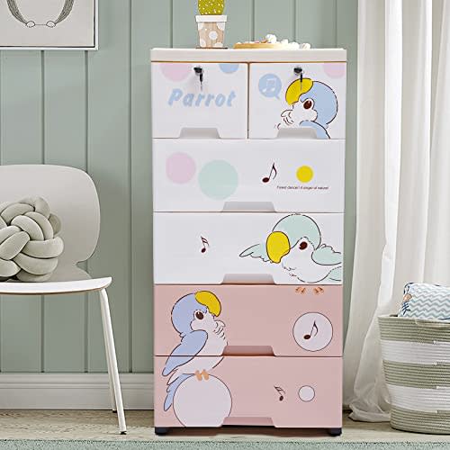 Gdrasuya10 Plastic Drawers Dresser Storage Cabinet with 6 Drawers,Closet Dresser Organizer,Stackable Vertical Clothes Storage for Hallway Entryway(Parrot Pattern)
