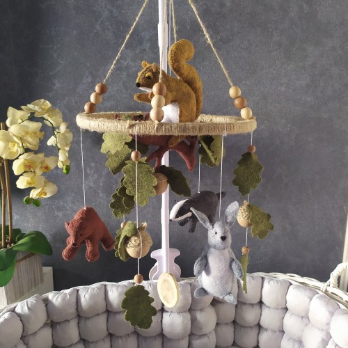 Hanger Forest mobile woodland nursery mobile squirrel, bear, rabbit,badger.hanging neutral baby boy mobile, custom mobile, baby shower gift