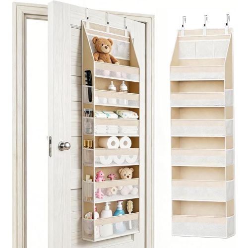 KMSCO Over The Door Organizer 6 Large +13 Mesh Side Pockets | 55lbs capacity, heavy duty non-woven fabric.Ideal for nursery, bathroom, pantry, closet. Beige, 1 pack.