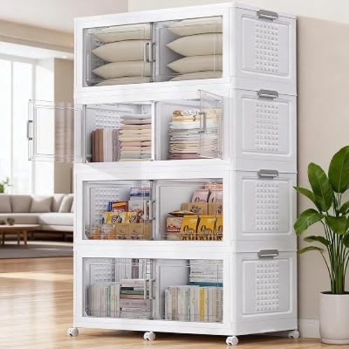 BROVIEW 800 Qt Stackable Storage Bins Foldable Cabinet, V40 White 4-Pack
