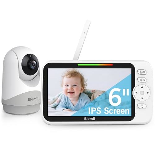 Blemil Upgrade Video Baby Monitor with Camera and Audio 6" Large Screen, 35-Hrs Battery, No WiFi Baby Monitor, Remote Pan/Tilt/Zoom Camera, 2-Way Talk, Night Vision, Temperature, 1000ft Range