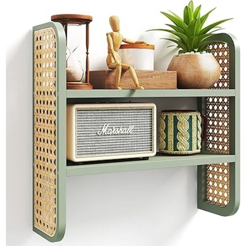 2-Tier Green Rattan Bookshelf Wall Mounted