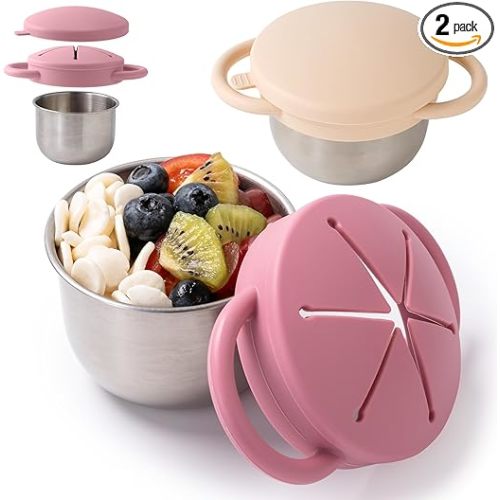 2 Pack Snack Containers for Toddlers, Stainless Steel Toddler Snack Cups with Silicone Food Catcher & Lids,Snack Cups for toddlers Spill Proof